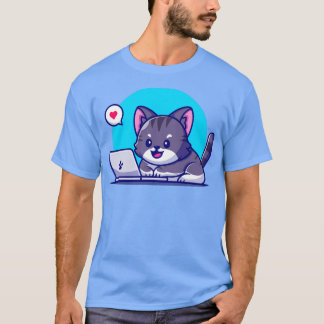 Camiseta Gato Bonito Trabalhando Em Cartografia De Laptop
