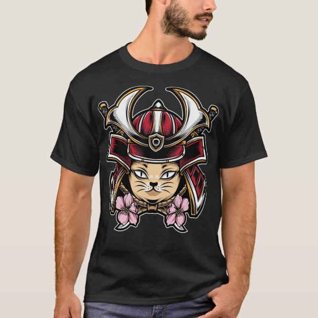 Camiseta Gato bonito veste capacete de samurai (Frente)