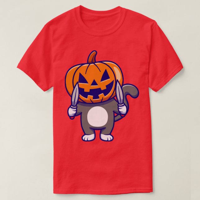 Camiseta Gato Bonito Vestindo Abóbora no Halloween com Carr (Frente do Design)