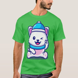 Camiseta Gato Bonito Vestindo Chapéu E Scarf Com Carro De P