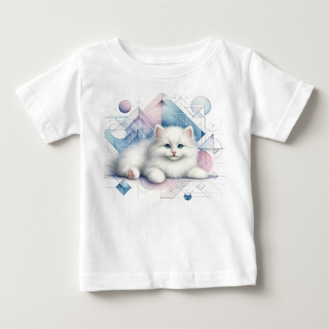 Camiseta Gato Branco Adorável com Aquarela Geométrica Art B (Frente)