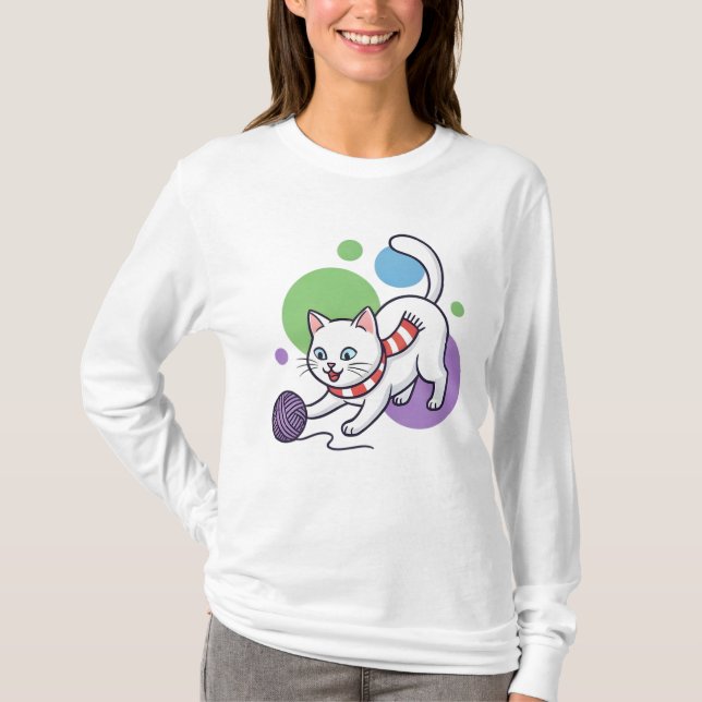 Camiseta Gato Branco Brincalhão Com Linha (Frente)