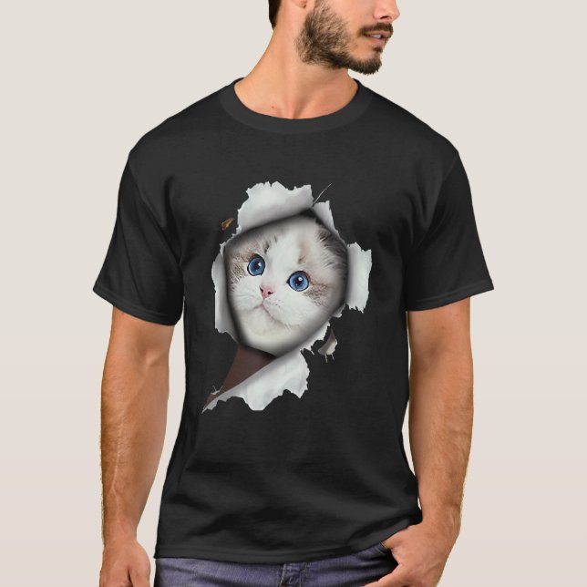 Camiseta Gato Branco Ca  Gato Rasgou Tecido (Frente)
