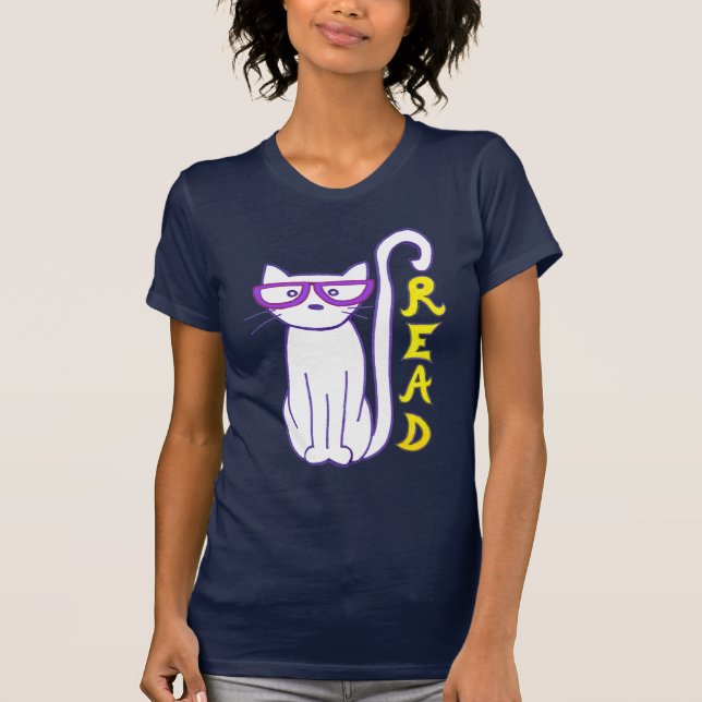 Camiseta Gato branco com óculos roxos com sinal de leitura (Frente)