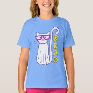 Camiseta Gato branco com óculos roxos com sinal de leitura