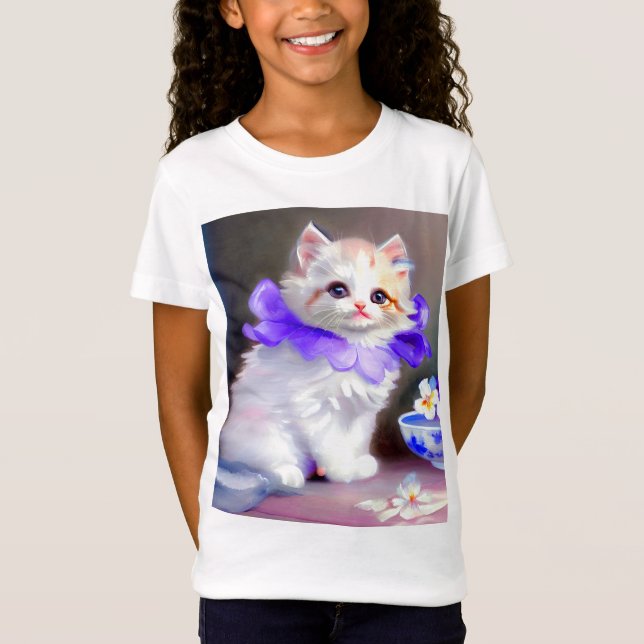 Camiseta Gato branco com pintura de colarinho de flores rox (Frente)