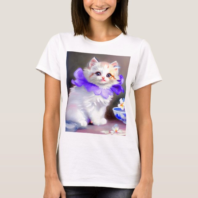 Camiseta Gato branco com pintura de colarinho de flores rox (Frente)