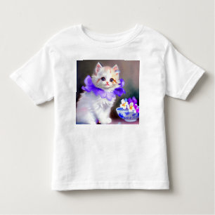 Camiseta Gato branco com pintura de colarinho de flores rox