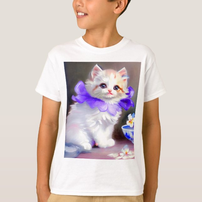 Camiseta Gato branco com pintura de colarinho de flores rox (Frente)