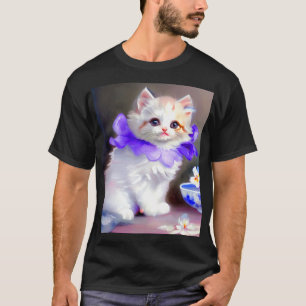 Camiseta Gato branco com pintura de colarinho de flores rox