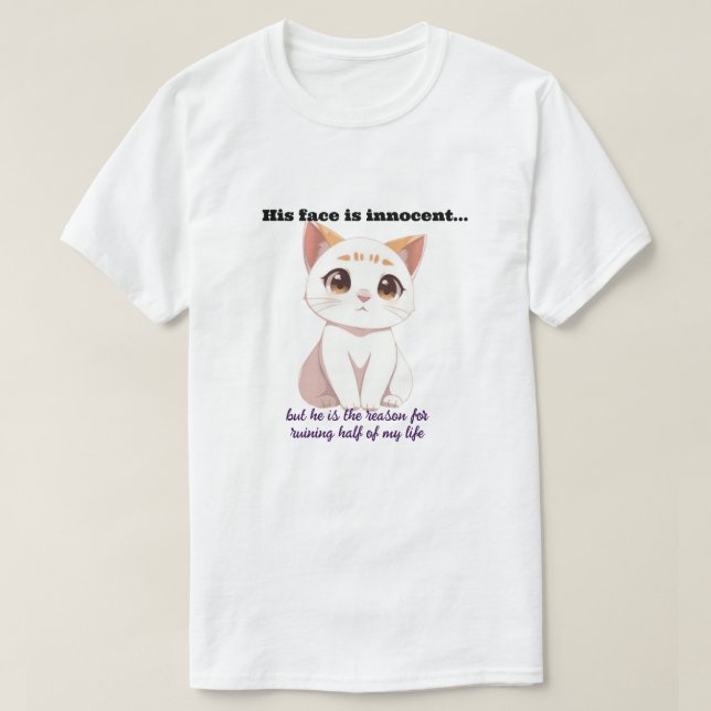 Camiseta Gato branco com um rosto inocente (Frente do Design)