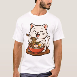 Camiseta Gato Branco Comendo Ramen