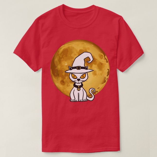 Camiseta Gato Branco Cute Assustado Abóbora Pumpkin Na Lua (Frente do Design)