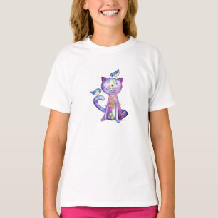Camiseta Gato Branco e Roxo Cugado com Aves