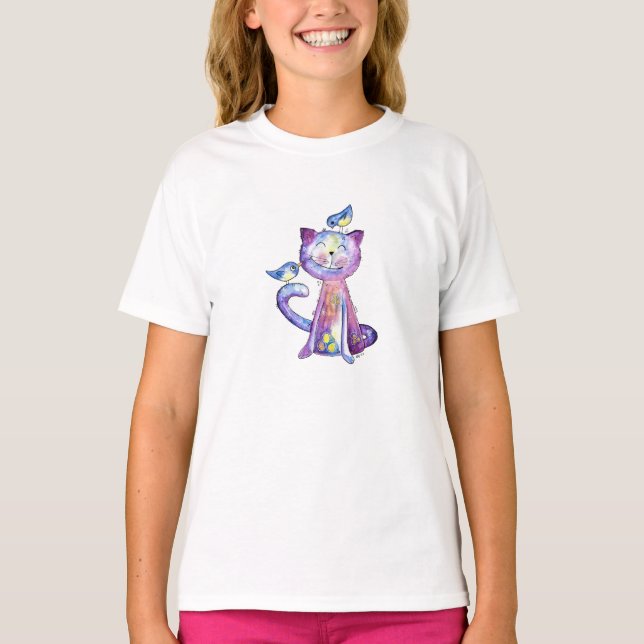 Camiseta Gato Branco e Roxo Cugado com Aves (Frente)