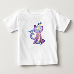 Camiseta Gato Branco e Roxo Cugado com Aves