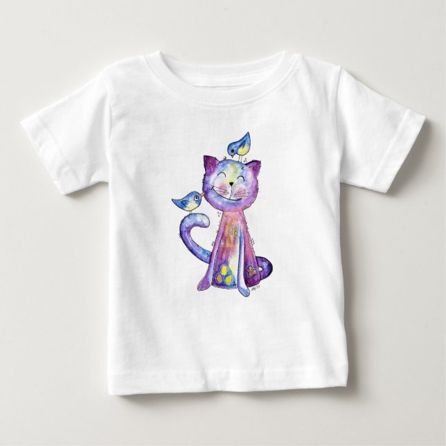 Camiseta Gato Branco e Roxo Cugado com Aves (Frente)