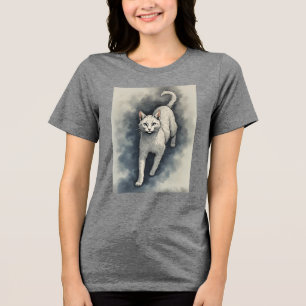 Camiseta Gato Branco em Estilo de Desenho a Tinta Chinesa