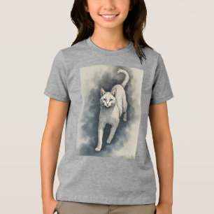Camiseta Gato Branco em um Estilo de Desenho de Tinta Chine