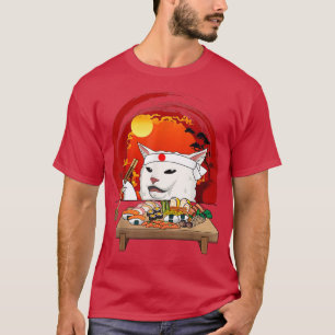 Camiseta Gato Branco Engraçado Comendo Gato Sushi Kawaii Su