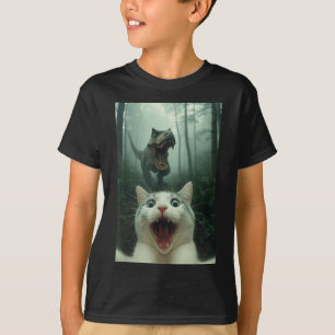 Camiseta Gato Branco Engraçado Selfie Com Dinossauro T-rex,