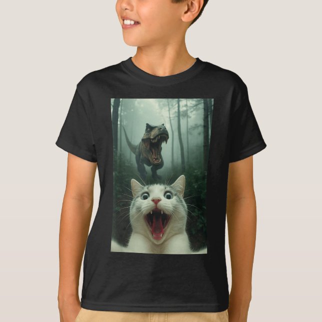 Camiseta Gato Branco Engraçado Selfie Com Dinossauro T-rex, (Frente)