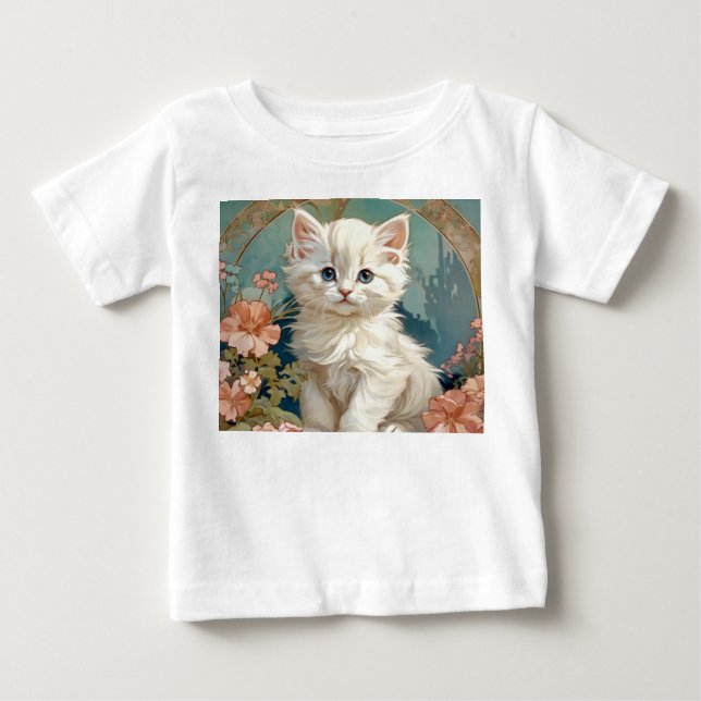 Camiseta Gato Branco Estilo Alphonse Mucha (Frente)