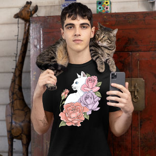 Camiseta Gato Branco Floral Pastel Botânico Romântico Preto