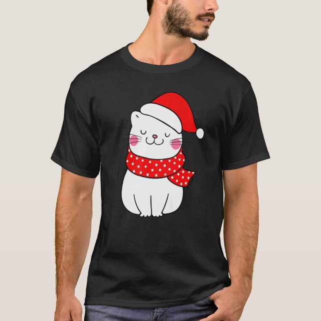 Camiseta Gato Branco Fofinho Chapéu e Cachecol de Natal do  (Frente)