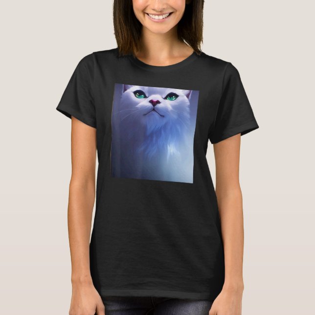 Camiseta Gato Branco Fofinho com Olhos Verdes (Frente)