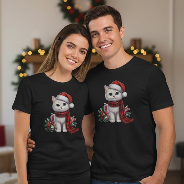 Camiseta Gato Branco Fofo com Chapéu e Cachecol de Papai No (Criador carregado)