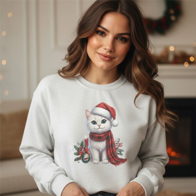 Camiseta Gato Branco Fofo com Chapéu e Cachecol de Papai No (Criador carregado)