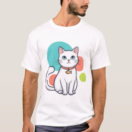 Camiseta Gato Branco Fofo com Colar de Peixe