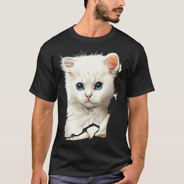 Camiseta Gato Branco Fofo Rasgou Tecido (Frente)