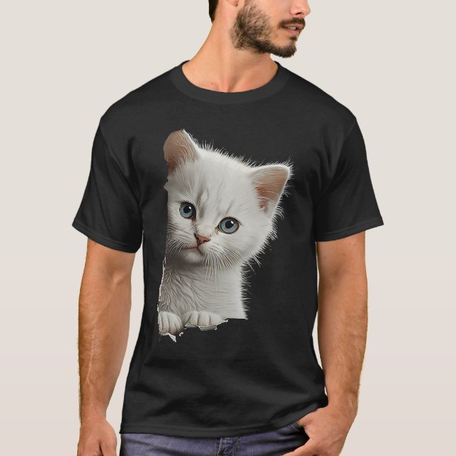 Camiseta Gato Branco Fofo Rasgou Tecido  1 (Frente)