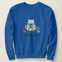 Camiseta Gato Branco Fofo Tecendo Fio Azul Design Aconchega