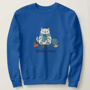 Camiseta Gato Branco Fofo Tecendo Fio Azul Design Aconchega