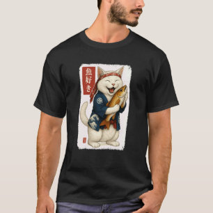 Camiseta Gato Branco Kanji Japonês Peixe Japão Amante de An