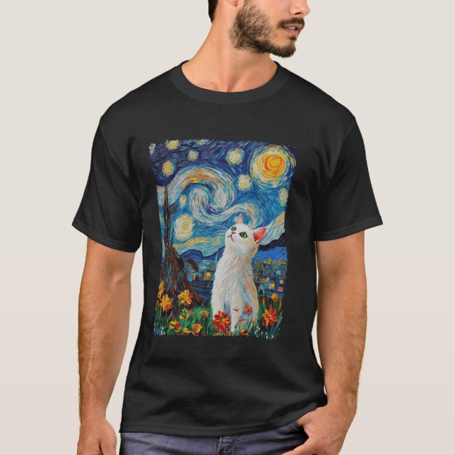 Camiseta Gato Branco Noite Estrelada De Van Gogh (Frente)