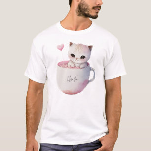 Camiseta Gato branco-rosado e bonito numa Taça de chá (4)