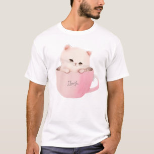 Camiseta Gato branco-rosado em uma taça de chá