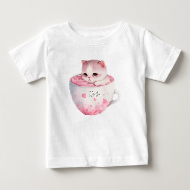 Camiseta Gato branco-rosado em uma taça de chá (3) (Frente)