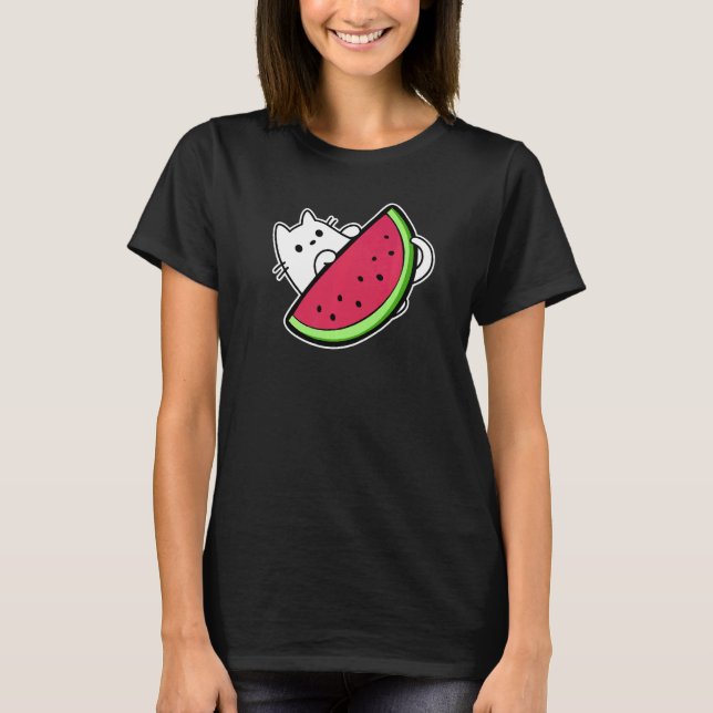 Camiseta Gato branco sob fatia de melancia doce (Frente)