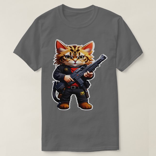 Camiseta Gato Bravo e Pequeno com Arma 1 (Frente do Design)