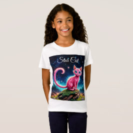 Camiseta Gato brilhante, longa cauda, arte de olhos azuis