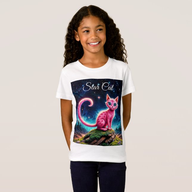 Camiseta Gato brilhante, longa cauda, arte de olhos azuis (Frente Completa)