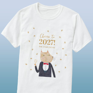 Camiseta Gato Brinda ao Ano Novo 2026 Personalizado