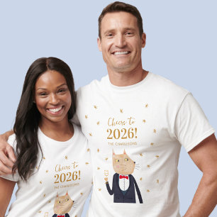 Camiseta Gato Brinda ao Ano Novo 2026 Personalizado