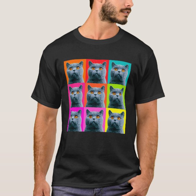 Camiseta Gato British Shorthair Design de Arte Pop em Bloco (Frente)