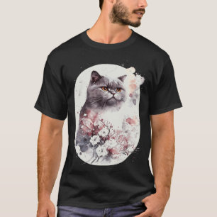 Camiseta Gato British Shorthair Flor de Cerejeira Japonesa